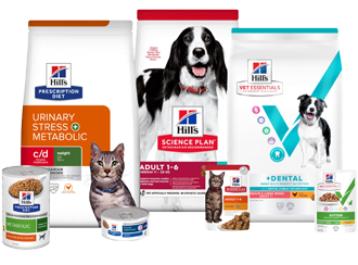 A grouping of Hill’s products including dry food, wet food, and treats.